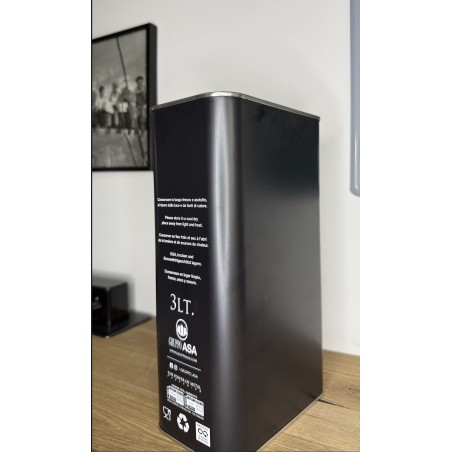 Une huile d'olive artisanale préservée dans son écrin protecteur de 3 litres, d'une élégance et d'une pureté incomparables.
